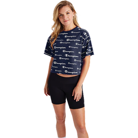 CHAMPION WOMEN'S THE CROPPED TEE SOLID SCRIPT/ ANTHRACITE NAVY