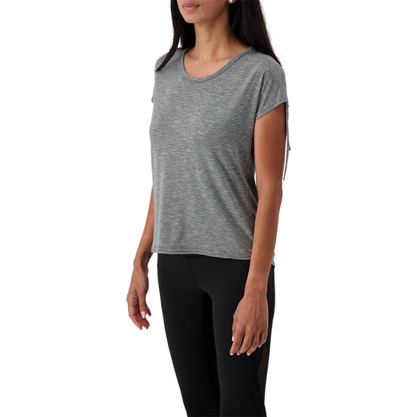 ELLE SPORTSWEAR WOMEN'S SHOULDER TIE SHORT SLEEVE TEE BLACK