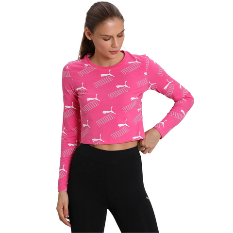 PUMA WOMEN'S AMPLIFIED AOP LONG SLEEVE FITTED TEE GLOWING PINK