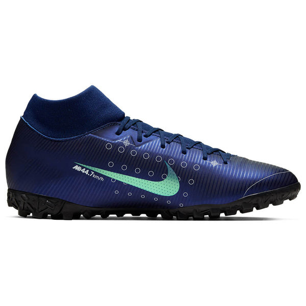 NIKE MEN'S MERCURIAL SUPERFLY 7 ACADEMY MDS BLUE/WHITE/BLACK/METALLIC SILVER INDOOR TURF SOCCER CLEAT